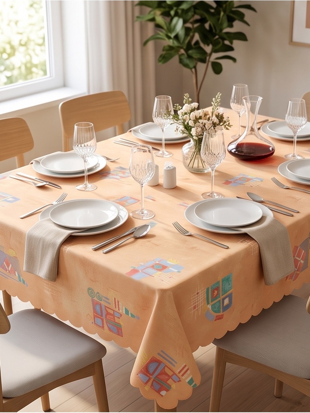Peach Decorative Tablecloth with Geometric Crest Pattern